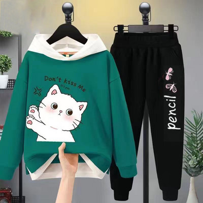 Tüdrukute vabaaja multifilmikomplekt, 2 tk. Kevad-sügis väikelapsed, tüdrukud, kapuutsiga mantel T-särk ja püksid õpilastele dressirõivad, butiik, tüdrukud, riided