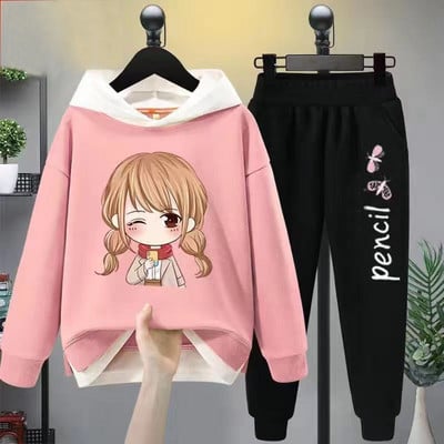 Tüdrukute vabaaja multifilmikomplekt, 2 tk. Kevad-sügis väikelapsed, tüdrukud, kapuutsiga mantel T-särk ja püksid õpilastele dressirõivad, butiik, tüdrukud, riided