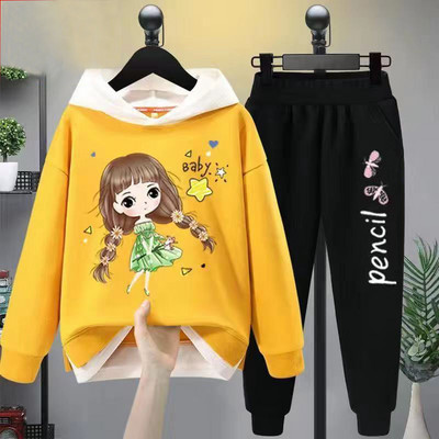 Tüdrukute vabaaja multifilmikomplekt, 2 tk. Kevad-sügis väikelapsed, tüdrukud, kapuutsiga mantel T-särk ja püksid õpilastele dressirõivad, butiik, tüdrukud, riided