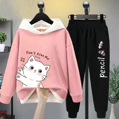 Tüdrukute vabaaja multifilmikomplekt, 2 tk. Kevad-sügis väikelapsed, tüdrukud, kapuutsiga mantel T-särk ja püksid õpilastele dressirõivad, butiik, tüdrukud, riided