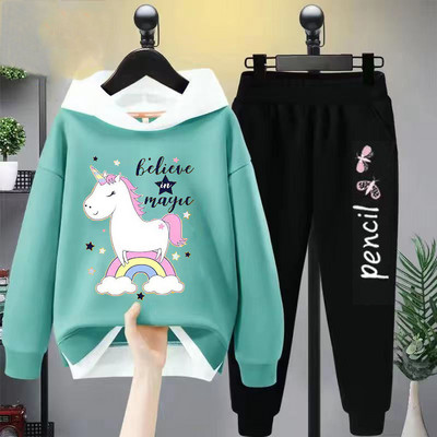 Tüdrukute vabaaja multifilmikomplekt, 2 tk. Kevad-sügis väikelapsed, tüdrukud, kapuutsiga mantel T-särk ja püksid õpilastele dressirõivad, butiik, tüdrukud, riided