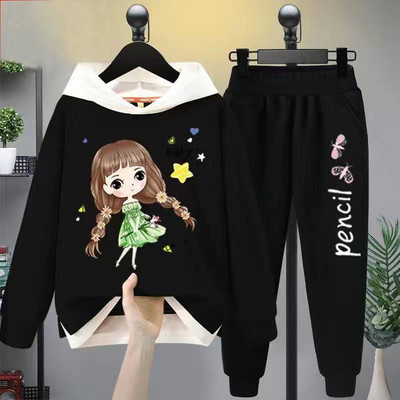 Tüdrukute vabaaja multifilmikomplekt, 2 tk. Kevad-sügis väikelapsed, tüdrukud, kapuutsiga mantel T-särk ja püksid õpilastele dressirõivad, butiik, tüdrukud, riided