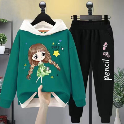 Tüdrukute vabaaja multifilmikomplekt, 2 tk. Kevad-sügis väikelapsed, tüdrukud, kapuutsiga mantel T-särk ja püksid õpilastele dressirõivad, butiik, tüdrukud, riided