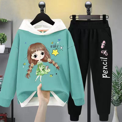 Tüdrukute vabaaja multifilmikomplekt, 2 tk. Kevad-sügis väikelapsed, tüdrukud, kapuutsiga mantel T-särk ja püksid õpilastele dressirõivad, butiik, tüdrukud, riided