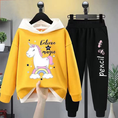 Tüdrukute vabaaja multifilmikomplekt, 2 tk. Kevad-sügis väikelapsed, tüdrukud, kapuutsiga mantel T-särk ja püksid õpilastele dressirõivad, butiik, tüdrukud, riided