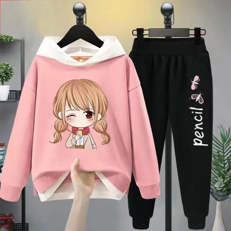 Tüdrukute vabaaja multifilmikomplekt, 2 tk. Kevad-sügis väikelapsed, tüdrukud, kapuutsiga mantel T-särk ja püksid õpilastele dressirõivad, butiik, tüdrukud, riided