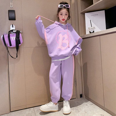 Primăvară Toamnă Fete Dulce Contrast Alfabet Hanorac cu glugă + Set pantaloni de trening școală copii Trening ținută de jogging pentru copii 5-16 ani