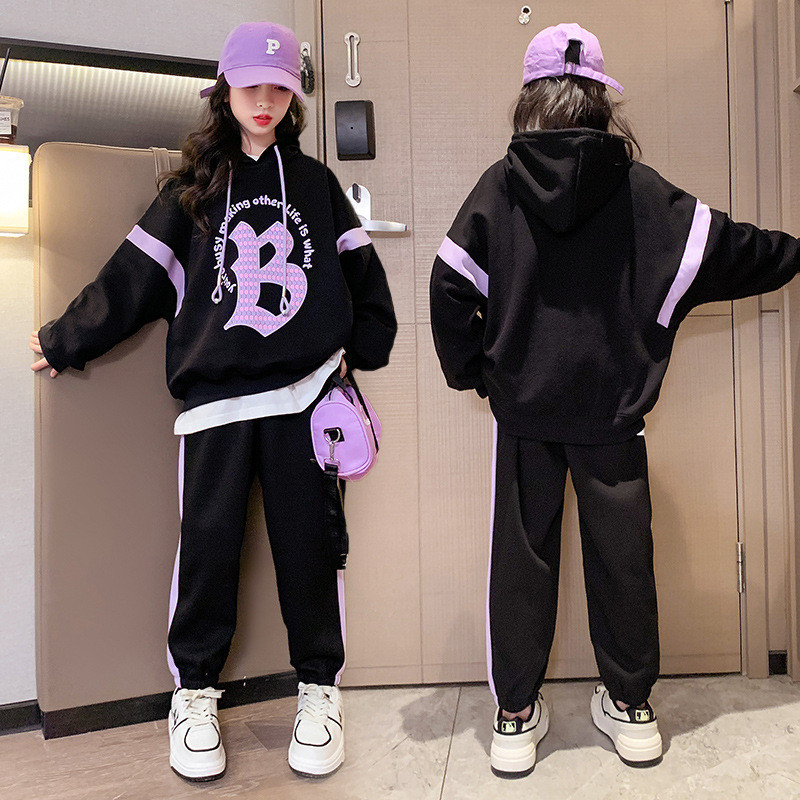 Primăvară Toamnă Fete Dulce Contrast Alfabet Hanorac cu glugă + Set pantaloni de trening școală copii Trening ținută de jogging pentru copii 5-16 ani