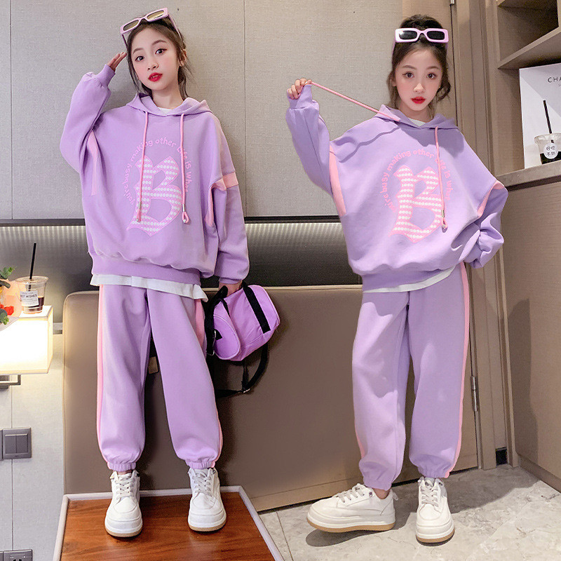 Primăvară Toamnă Fete Dulce Contrast Alfabet Hanorac cu glugă + Set pantaloni de trening școală copii Trening ținută de jogging pentru copii 5-16 ani