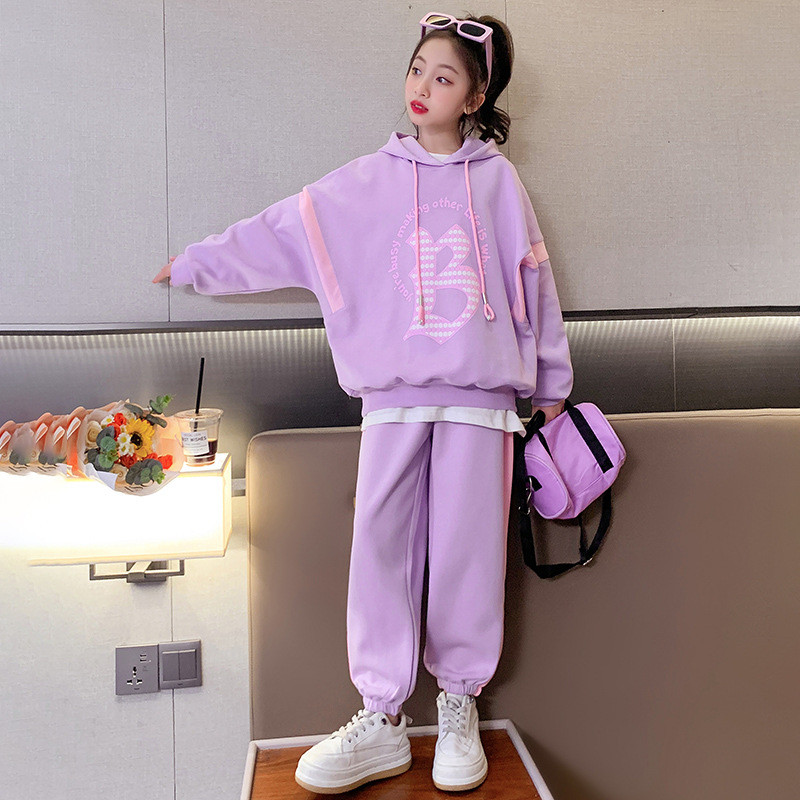 Primăvară Toamnă Fete Dulce Contrast Alfabet Hanorac cu glugă + Set pantaloni de trening școală copii Trening ținută de jogging pentru copii 5-16 ani