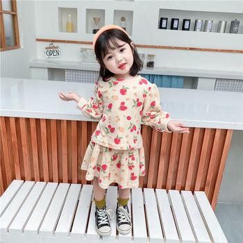 Ανοιξιάτικο Φθινόπωρο Βρεφικά Κορίτσια Βαμβακερά μπλουζάκια φράουλα + ελαστική φούστα μέσης Παιδικά σετ 2 τεμαχίων 2-8 ετών