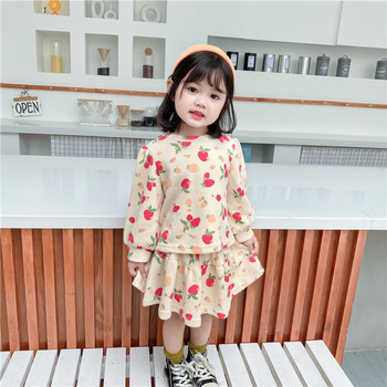 Ανοιξιάτικο Φθινόπωρο Βρεφικά Κορίτσια Βαμβακερά μπλουζάκια φράουλα + ελαστική φούστα μέσης Παιδικά σετ 2 τεμαχίων 2-8 ετών