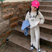 Moodne beebitüdrukute hall tähestikuga puuvillane kampsun + lõhikuga laienevate pükste komplektid, laste spordidressid, 2-8-aastased lapsed