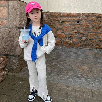 Моден памучен суичър с сив азбучен комплект за бебета и момичета + комплекти с разкроени панталони с цепка Детски анцуг Детско облекло от 2 части 2-8 години