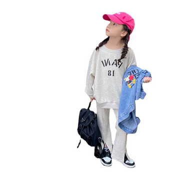 Моден памучен суичър с сив азбучен комплект за бебета и момичета + комплекти с разкроени панталони с цепка Детски анцуг Детско облекло от 2 части 2-8 години