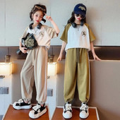 Suvised tüdrukud, puuvillased, kontrastse tähestikuga t-särgi topid + triibulised nööriga püksikomplekt koolilapsed dressid 5-16 a.