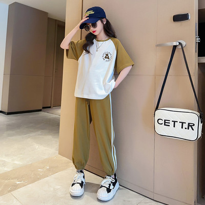 Suvised tüdrukud, puuvillased, kontrastse tähestikuga t-särgi topid + triibulised nööriga püksikomplekt koolilapsed dressid 5-16 a.