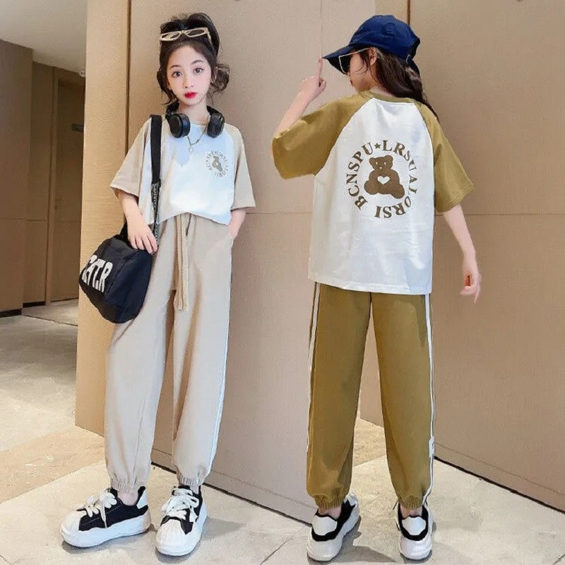 Suvised tüdrukud, puuvillased, kontrastse tähestikuga t-särgi topid + triibulised nööriga püksikomplekt koolilapsed dressid 5-16 a.