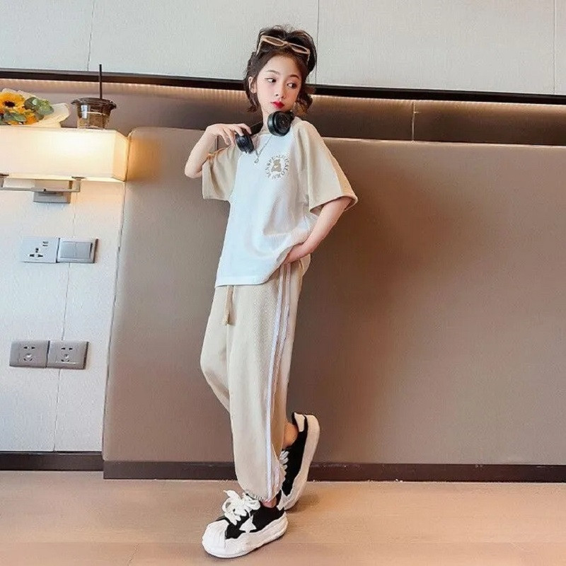 Suvised tüdrukud, puuvillased, kontrastse tähestikuga t-särgi topid + triibulised nööriga püksikomplekt koolilapsed dressid 5-16 a.