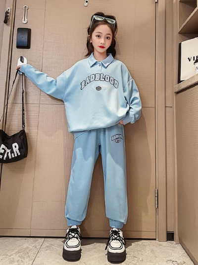 Kevad-sügis tüdrukute puuvillane lahtise tähestikuga preppy dressipluus + dressipüksid koolilaste dressid, sörkimisriietus 7–16-aastastele lastele