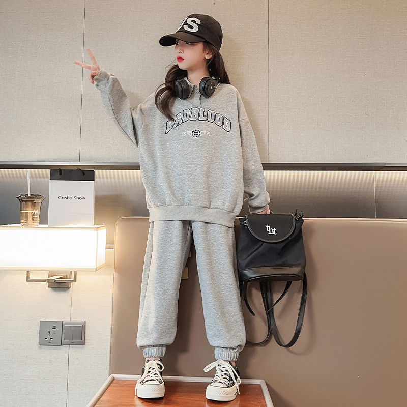 Kevad-sügis tüdrukute puuvillane lahtise tähestikuga preppy dressipluus + dressipüksid koolilaste dressid, sörkimisriietus 7–16-aastastele lastele