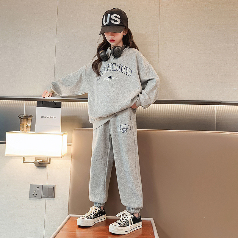 Kevad-sügis tüdrukute puuvillane lahtise tähestikuga preppy dressipluus + dressipüksid koolilaste dressid, sörkimisriietus 7–16-aastastele lastele