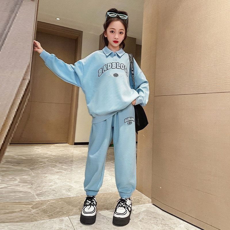 Kevad-sügis tüdrukute puuvillane lahtise tähestikuga preppy dressipluus + dressipüksid koolilaste dressid, sörkimisriietus 7–16-aastastele lastele