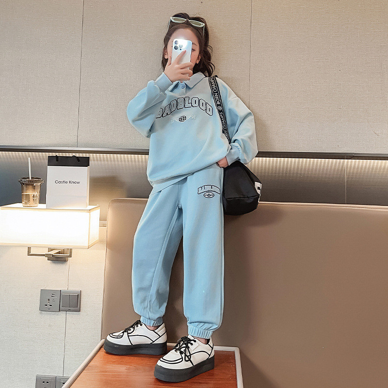 Kevad-sügis tüdrukute puuvillane lahtise tähestikuga preppy dressipluus + dressipüksid koolilaste dressid, sörkimisriietus 7–16-aastastele lastele