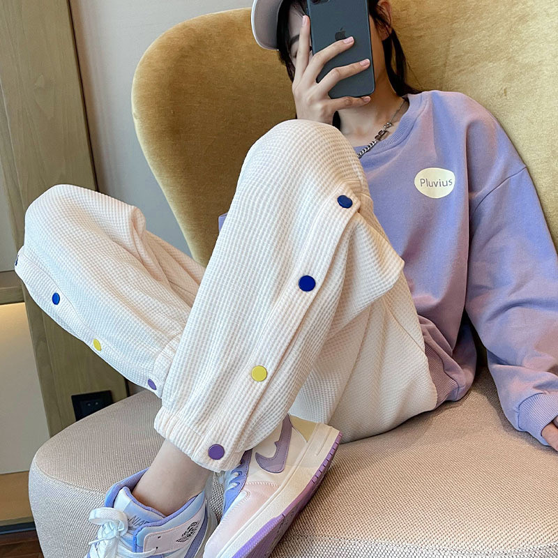 Hanorac Fete Contrast+Seturi de pantaloni de trening Waffle Școală Copii Trening Elevi Costum Jogger Copii 2 Piese Ținute 5-16 Ani