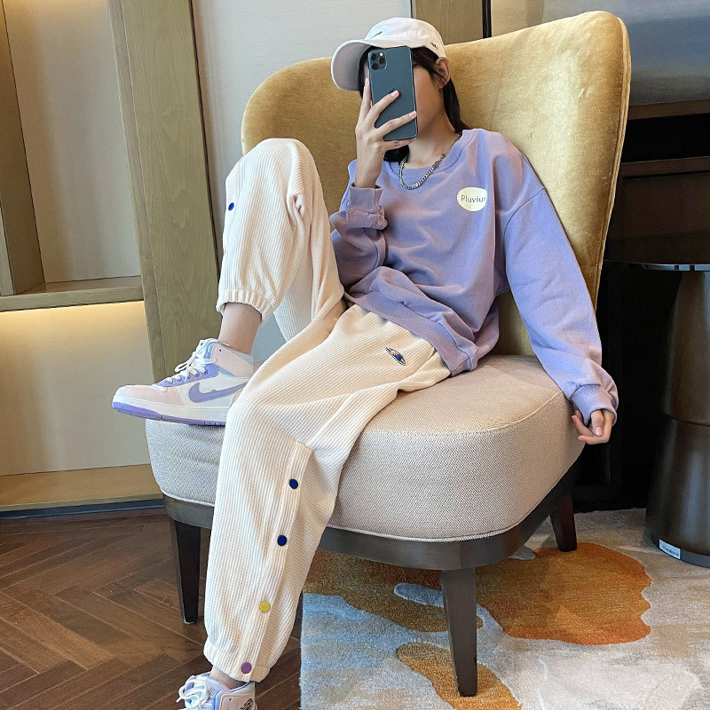 Hanorac Fete Contrast+Seturi de pantaloni de trening Waffle Școală Copii Trening Elevi Costum Jogger Copii 2 Piese Ținute 5-16 Ani