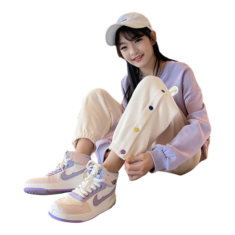 Hanorac Fete Contrast+Seturi de pantaloni de trening Waffle Școală Copii Trening Elevi Costum Jogger Copii 2 Piese Ținute 5-16 Ani