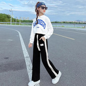Jarná jesenná dievčenská bavlnená mikina s abecedou + sťahovacia šnúrka, pruhované tepláky, školská súprava, detský outfit, crop top, súprava 5-16 rokov