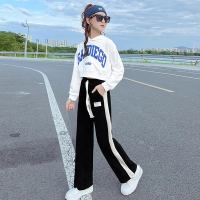 Jarná jesenná dievčenská bavlnená mikina s abecedou + sťahovacia šnúrka, pruhované tepláky, školská súprava, detský outfit, crop top, súprava 5-16 rokov