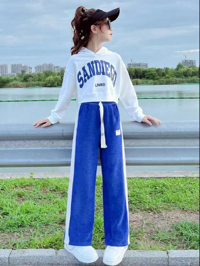 Jarná jesenná dievčenská bavlnená mikina s abecedou + sťahovacia šnúrka, pruhované tepláky, školská súprava, detský outfit, crop top, súprava 5-16 rokov