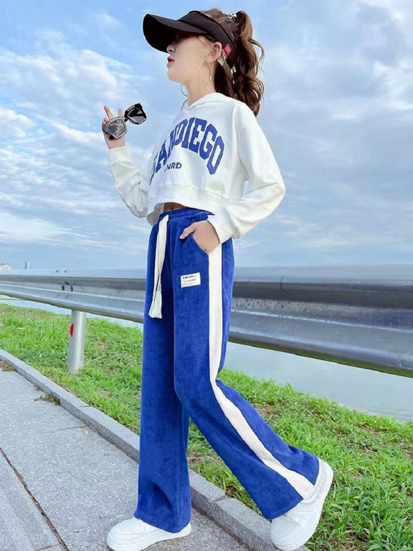 Jarná jesenná dievčenská bavlnená mikina s abecedou + sťahovacia šnúrka, pruhované tepláky, školská súprava, detský outfit, crop top, súprava 5-16 rokov