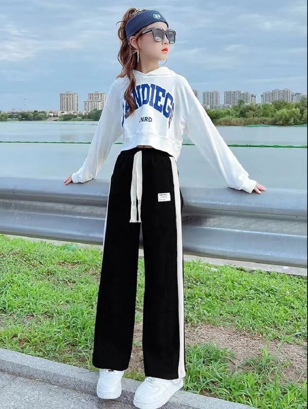 Jarná jesenná dievčenská bavlnená mikina s abecedou + sťahovacia šnúrka, pruhované tepláky, školská súprava, detský outfit, crop top, súprava 5-16 rokov