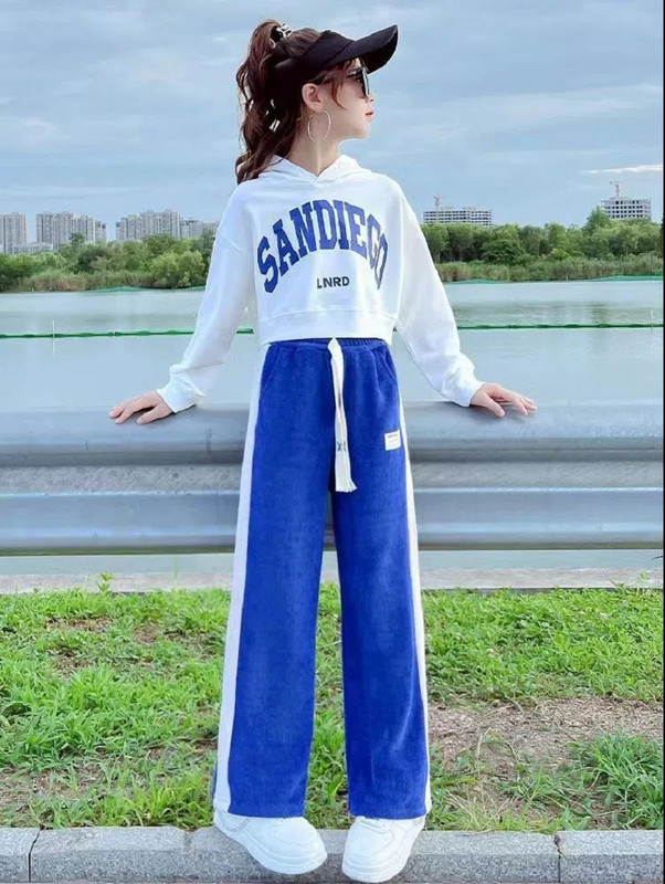 Jarná jesenná dievčenská bavlnená mikina s abecedou + sťahovacia šnúrka, pruhované tepláky, školská súprava, detský outfit, crop top, súprava 5-16 rokov