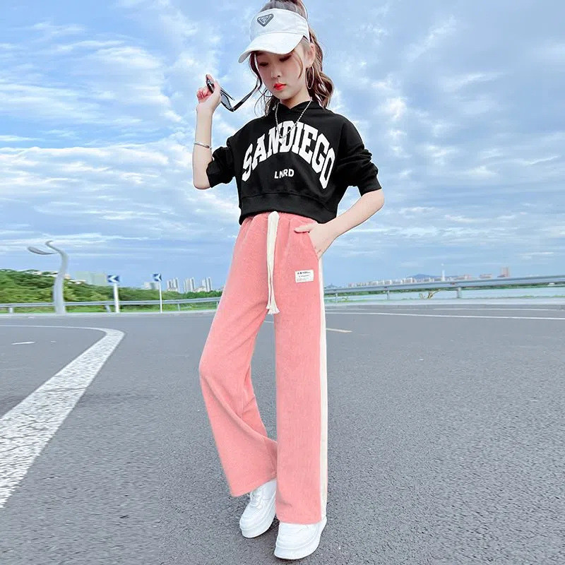 Jarná jesenná dievčenská bavlnená mikina s abecedou + sťahovacia šnúrka, pruhované tepláky, školská súprava, detský outfit, crop top, súprava 5-16 rokov