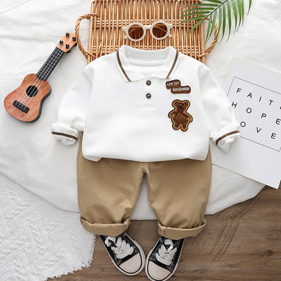 Kevad- ja sügisene poiste komplekt, laste pikkade varrukatega vabaaja polo T-särk + 2-osaline pükste komplekt, riided