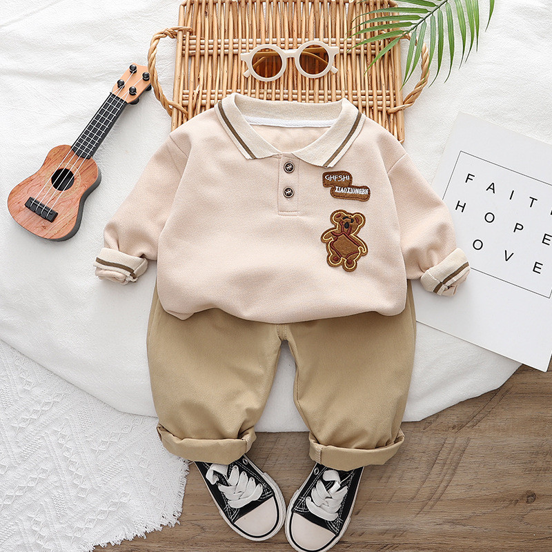 Kevad- ja sügisene poiste komplekt, laste pikkade varrukatega vabaaja polo T-särk + 2-osaline pükste komplekt, riided