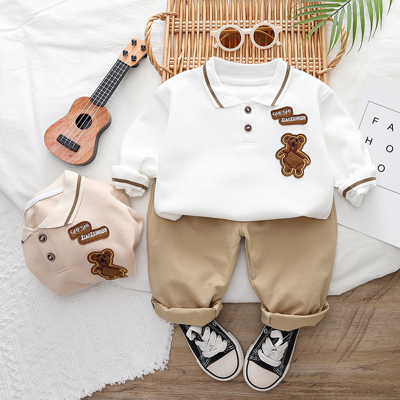 Kevad- ja sügisene poiste komplekt, laste pikkade varrukatega vabaaja polo T-särk + 2-osaline pükste komplekt, riided