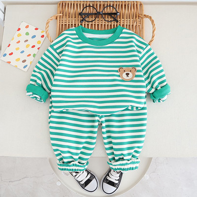 Set de îmbrăcăminte pentru copii de toamnă pentru băieți, tricou cu mânecă lungă și pantaloni, cu dungi cu gât rotund, set 2 piese