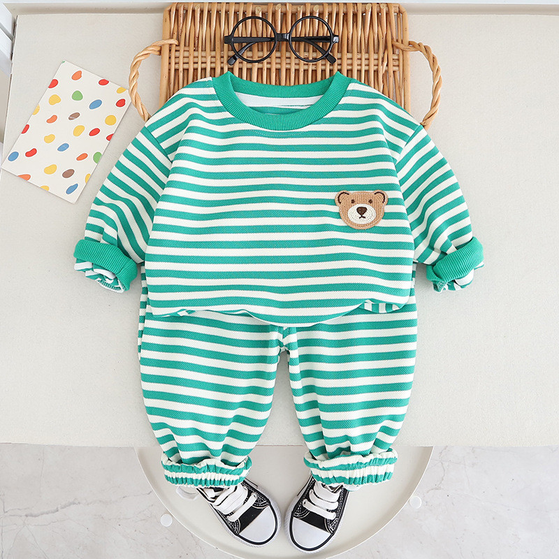 Set de îmbrăcăminte pentru copii de toamnă pentru băieți, tricou cu mânecă lungă și pantaloni, cu dungi cu gât rotund, set 2 piese