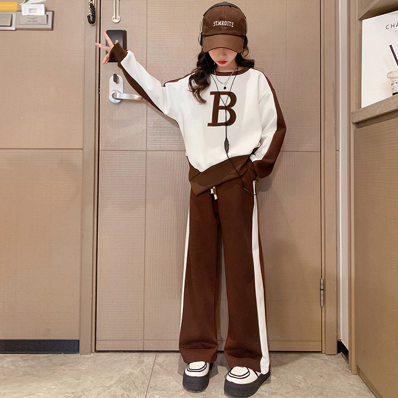 Kevad-sügis tüdrukute puuvillane kontrastse tähestikuga töö dressipluus jakk + dressipüksid kooli lapsed dressid, jooksujalu 5-16 a.