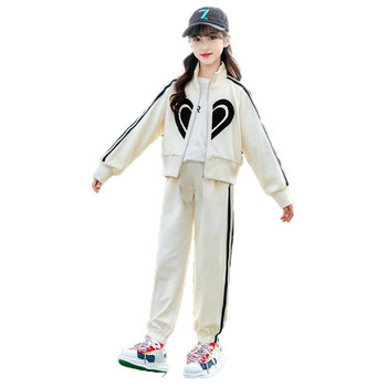 Пролетно-есенно яке за момичета с памучни райета с цип Love Sweat Jacket+Sweatpant Ученически детски анцуг Детско облекло за джогинг Комплект за тренировка 5-14 години