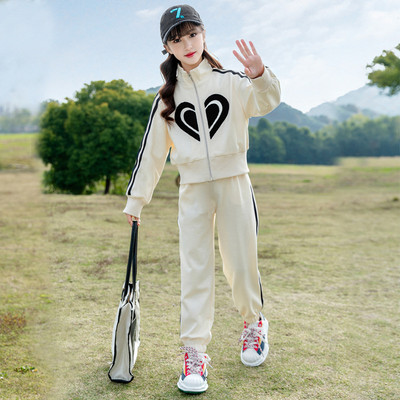 Kevad-sügis tüdrukute puuvillane triibuline tõmblukuga jakk, dressipluus + dressipüksid, koolilapsed, dressid, laste jooksukomplekt 5–14 a.