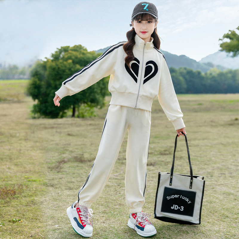 Kevad-sügis tüdrukute puuvillane triibuline tõmblukuga jakk, dressipluus + dressipüksid, koolilapsed, dressid, laste jooksukomplekt 5–14 a.