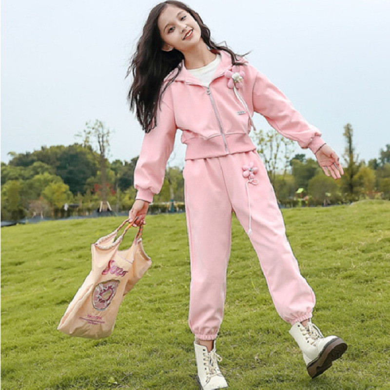 Beebi ja tüdrukute puuvillased magusad lilled Aksessuaarid Tõmblukuga jope + dressipükste komplekt Koolilapsed dressid, jooksuriietus 2–12 a.