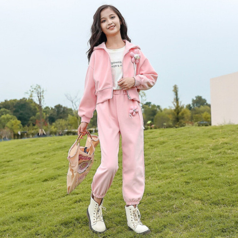 Beebi ja tüdrukute puuvillased magusad lilled Aksessuaarid Tõmblukuga jope + dressipükste komplekt Koolilapsed dressid, jooksuriietus 2–12 a.