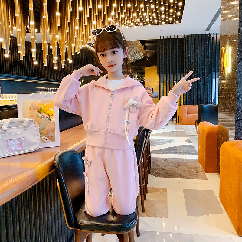 Beebi ja tüdrukute puuvillased magusad lilled Aksessuaarid Tõmblukuga jope + dressipükste komplekt Koolilapsed dressid, jooksuriietus 2–12 a.